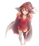  1girl banchii belt blush brown_hair collar dress full_body hat kono_subarashii_sekai_ni_shukufuku_wo! long_sleeves looking_at_viewer megumin red_dress red_eyes short_hair sidelocks simple_background solo white_background witch_hat 