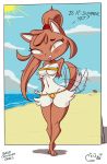  ? anthro baozi_(diives) beach biting_tongue blush breasts brown_fur camel_toe canid canine clothing day english_text female fur hi_res looking_at_viewer mammal navel nipple_outline outside panties panty_pull poethewondercat ponytail sand seaside solo tailwag text umbrella underwear water white_fur yellow_eyes 