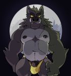  2018 anthro belly biceps big_penis biped black_nose bulge canid canine canis chest_tuft claws clothed clothing digital_media_(artwork) eyebrows front_view full_moon fur grey_fur haps hi_res humanoid_penis looking_at_viewer male mammal moon mostly_nude musclegut muscular muscular_male navel neck_tuft night nipple_piercing nipples outside pecs penis penis_outline piercing quads scar simple_background smile solo standing teeth thong tuft vein veiny_penis were werecanid werecanine werewolf white_fur wolf 