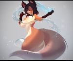  1girl animal_ears black_fur black_hair breasts collar commentary dog_tags element_bending english_commentary fox_ears fox_girl fox_tail furry highres kanel large_breasts letterboxed looking_back medium_hair nude one_eye_closed orange_fur original puffy_nipples snout solo tail thick_thighs thighs water watermark web_address 