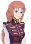  1girl breasts closed_mouth commentary_request gacha-m gundam gundam_unicorn long_hair looking_at_viewer marida_cruz military military_uniform ponytail purple_eyes red_hair simple_background smile solo uniform white_background 