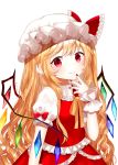  1girl alternate_hair_length alternate_hairstyle arm_at_side arm_up blush eyebrows_visible_through_hair fang finger_to_chin fingernails flandre_scarlet hair_between_eyes hat hat_ribbon long_hair looking_at_viewer mob_cap nail_polish neck_ribbon pointy_ears puffy_short_sleeves puffy_sleeves red_eyes red_nails red_skirt red_vest ribbon sakipsakip sharp_fingernails shirt short_sleeves simple_background skin_fang skirt smile solo standing touhou twitter_username upper_body very_long_hair vest wavy_hair white_background white_headwear white_shirt wings wrist_cuffs yellow_neckwear 