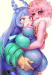  2girls :o ashido_mina ass ass_grab bare_shoulders black_sclera blue_eyes blue_hair blush bodysuit boku_no_hero_academia breasts covered_nipples drill_hair fur_trim gloves hadou_nejire highres horns large_breasts long_hair multiple_girls open_mouth pink_hair short_hair shpo simple_background skin_tight vest white_background yellow_eyes 