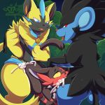  1:1 anal anal_penetration backsack balls big_dom_small_sub blush collar cum cum_in_ass cum_in_mouth cum_inside cum_splatter erection fangs fellatio feral group group_sex hi_res legendary_pok&eacute;mon litten luxray male male/male nikkibunn nintendo one_eye_closed oral orgasm penetration penile pok&eacute;mon pok&eacute;mon_(species) sex size_difference smile threesome tongue tongue_out two_doms_one_sub video_games zeraora 