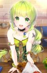  1girl bare_shoulders black_choker blush bow bracelet breasts chest choker cleavage clothes_tug commentary_request green_eyes green_hair hair_ornament indoors jewelry koyama_sao long_hair multi-tied_hair ponytail pouch ribbon saga saga_frontier_2 shorts small_breasts tattoo very_long_hair virginia_knights weighing_scale white_bow 
