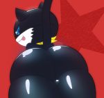  atlus balls bandanna big_butt black_fur blue_eyes butt butt_focus domestic_cat felid feline felis fur k--10 looking_at_viewer looking_back male mammal morgana_(persona) red_background simple_background small_balls smile solo tongue tongue_out video_games 