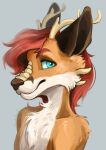  2016 anthro antlers blue_eyes canid canine corelle-vairel dragon fox hair headshot hi_res horn hybrid mammal red_hair 