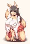  absurd_res anthro areola areola_slip big_breasts blush breasts canid canine clothed clothing female fox haori hi_res japanese_clothing kemono looking_at_viewer mammal solo tailzkim white_haori 