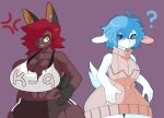  ? big_breasts blue_hair bovid breasts brown_fur canid canine caprine clothing female fur goat hair hi_res huge_breasts mammal pepper_(vammzu) red_hair short_hair small_breasts sweater topwear torn_clothing vammzu white_fur wide_hips 