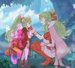  2girls aura boots breasts cape chiki cloak closed_eyes commentary_request crying crying_with_eyes_open dress fire_emblem fire_emblem:_kakusei fire_emblem:_monshou_no_nazo fire_emblem_heroes forest gloves green_hair hair_between_eyes hair_ornament hair_ribbon hand_on_another&#039;s_face holding hood hood_down hooded_cloak jewelry large_breasts long_hair looking_at_another mamkute multiple_girls nature older open_mouth parted_lips pink_cape pointy_ears ponytail red_cloak red_footwear red_gloves red_hair red_ribbon ribbon sasaki_(dkenpisss) short_dress smile stone tears tiara time_paradox younger 