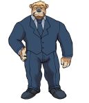  2019 6:7 anthro beard blonde_hair clothed clothing facial_hair footwear fully_clothed hair hi_res hyenaface looking_at_viewer male mammal necktie pants shoes simple_background solo suit ursid white_background 