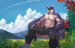  2019 abs absurd_res anthro belt biceps canid canine canis clothing digital_media_(artwork) fur fuwayuuko hi_res kemono male mammal muscular muscular_male necktie pants pecs simple_background wolf 