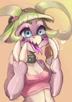  &lt;3 2016 anthro blue_eyes breasts claws clothing corelle-vairel female food fruit gecko green_hair hair hi_res lizard melon plant reptile scalie small_breasts solo tappy_(corelle-vairel) tongue tongue_out watermelon young 