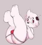  anthro butt canid canine canis child clothing cub domestic_dog fur jockstrap lambent male mammal red_eyes simple_background solo underwear white_fur young 