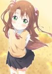  1girl brown_hair green_eyes highres koshigaya_komari leaf long_hair looking_at_viewer non_non_biyori ribbon school_uniform smile solo toma_(shinozaki) twintails 