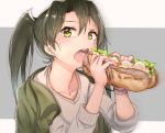  1girl blush casual collarbone commentary_request eating food green_coat green_eyes green_hair hair_ribbon highres holding holding_food jacket_on_shoulders kabayaki_namazu kantai_collection long_hair open_mouth ribbon sandwich sweatdrop sweater twintails watch zuikaku_(kantai_collection) 