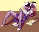  anthro blush bottomwear breasts clothed clothing corelle-vairel equid eyewear fallen_over fan_character female glasses horn mammal my_little_pony on_the_ground oops purple_skin skirt solo unicorn 