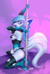  black_collar blue_eyes blue_fur canid canine canis clothing collar corelle-vairel corset dancing female fur hi_res legwear lingerie mammal pole pole_dancing rubber saliva socks solo stockings taped_breasts tongue tongue_out wolf 