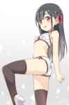  1girl :d bangs bare_arms bare_shoulders black_hair blush bow bow_bra bow_panties bra breasts brown_legwear eyebrows_visible_through_hair hair_ribbon hatsunatsu high_heels long_hair looking_at_viewer open_mouth original panties red_eyes red_ribbon ribbon shoe_soles shoes small_breasts smile solo standing standing_on_one_leg thighhighs underwear underwear_only very_long_hair white_bra white_footwear white_panties 