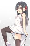  1girl :d bangs bare_arms bare_shoulders black_hair blush breasts brown_legwear chinese_commentary commentary_request dress eyebrows_visible_through_hair hair_ribbon hatsunatsu high_heels long_hair looking_at_viewer open_mouth original red_eyes red_ribbon ribbon shoe_soles shoes sleeveless sleeveless_dress small_breasts smile solo standing standing_on_one_leg thighhighs very_long_hair white_dress white_footwear 