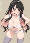  1girl black_hair bra breasts cleavage collarbone cowboy_shot grey_background grey_legwear hair_down hairband highres ifuji_shinsen kantai_collection large_breasts leaning_forward long_hair looking_at_viewer multicolored_hair naganami_(kantai_collection) open_mouth panties pink_hair remodel_(kantai_collection) side-tie_panties solo standing teeth thighhighs twitter_username two-tone_hair underwear white_bra white_hairband white_panties 