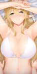 1girl anza_tomo armpits arms_up bangs bare_shoulders blonde_hair blush breasts cleavage commentary_request elf eyebrows_visible_through_hair green_eyes hair_between_eyes highres large_breasts long_hair looking_at_viewer navel original parted_lips pointy_ears pov smile solo_focus white_bikini_top 