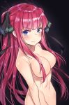  1girl artist_name black_background blue_eyes breasts closed_mouth collarbone commentary_request cowboy_shot frown go-toubun_no_hanayome goyain groin hair_censor hair_ornament highres large_breasts long_hair looking_at_viewer nakano_nino navel nude pink_hair sidelocks simple_background solo two_side_up v-shaped_eyebrows very_long_hair 