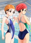  2girls ass black_eyes black_hair blue_swimsuit collarbone commentary_request competition_swimsuit cowboy_shot crossed_arms flat_chest from_behind indoors multiple_girls one-piece_swimsuit original pool poolside short_hair standing swim_cap swimsuit takafumi ventilator 