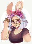  2016 anthro bust_portrait clothing corelle-vairel eyewear female flower freckles glasses hi_res jackalope lagomorph leporid mammal pink_eyes plant portrait rabbit shy solo 