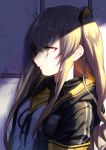  1girl absurdres bangs black_ribbon brown_hair eyebrows_visible_through_hair from_side girls_frontline hair_between_eyes hair_ornament highres hood hood_down hooded_jacket jacket kyo light_particles long_hair looking_afar neck_ribbon one_side_up open_clothes open_jacket parted_lips profile ribbon scar scar_across_eye scarf shirt solo ump45_(girls_frontline) upper_body white_shirt yellow_eyes 
