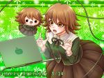  1boy androgynous brown_eyes brown_hair brown_skirt character_doll computer crossdressing danganronpa danganronpa_1 dress_shirt fujisaki_chihiro green_jacket green_neckwear green_ribbon happy_birthday jacket laptop long_sleeves medium_skirt neck_ribbon open_mouth otoko_no_ko pleated_skirt ribbon sailor_collar shirt short_hair skirt solo white_sailor_collar white_shirt yumaru_(marumarumaru) 