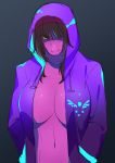  2019 anthro big_breasts breasts brown_hair cleavage clothed clothing delta_rune deltarune digital_media_(artwork) female freckles front_view gradient_background hair hair_over_eye half-length_portrait hands_in_pockets hi_res hoodie looking_at_viewer midriff open_hoodie pockets portrait purple_clothing purple_scales reptile scales scalie simple_background slit_pupils solo susie_(deltarune) video_games yamame513 yellow_sclera 