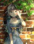  1girl against_wall animal_ears aqua_eyes aqua_hair bangs blue_dress blue_ribbon brick_wall character_request choker collarbone copyright_request day dress english_text grey_hair hair_ribbon hand_over_eye highlights highres long_hair makura_(makura0128) multicolored_hair ok_sign outdoors parted_lips plant ribbon shade short_sleeves solo symbol_commentary twintails vines white_choker yellow_ribbon 