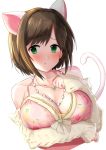  1girl animal_ears arm_under_breasts bare_shoulders blush breasts brown_hair cat_ears cat_tail collarbone eyebrows_visible_through_hair fang floral_print green_eyes hand_up idolmaster idolmaster_cinderella_girls jewelry large_breasts long_sleeves looking_at_viewer maekawa_miku necklace short_hair simple_background solo sousakubito tail upper_body white_background 