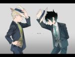  2boys arm_behind_back black_hair black_suit bow eye_contact formal grey_background hand_on_own_thigh hat hat_removed headwear_removed highres hoyano_(maimai) long_sleeves looking_at_another multiple_boys neck_tattoo necktie norman_(yakusoku_no_neverland) number_tattoo pants ray_(yakusoku_no_neverland) shirt simple_background smile suit tattoo waistcoat white_hair white_shirt yakusoku_no_neverland 