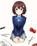  1girl bob_cut brown_eyes brown_hair bunny_hair_ornament hair_ornament highres jacket kono_bijutsubu_niwa_mondai_ga_aru! looking_at_viewer nanasaki_(humkuru) school_uniform short_hair simple_background skirt solo usami_mizuki 