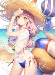  1girl animal_ear_fluff animal_ears artist_name bangle bare_arms bare_shoulders beach bikini blue_bikini bracelet breasts brown_eyes cowboy_shot ears_through_headwear fate/grand_order fate_(series) fox_ears fox_tail grin hand_up hat horizon innertube jewelry large_breasts long_hair looking_at_viewer low-tied_long_hair navel ocean pink_hair roang sand see-through shirt side-tie_bikini smile solo standing stomach straw_hat swimsuit tail tamamo_(fate)_(all) tamamo_no_mae_(fate) thighs umbrella water wet wet_clothes wet_shirt 