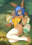  2019 anthro big_breasts blue_hair breasts butt clothing detailed_background easter egg eyewear female glasses grass hair holidays krakenparty lagomorph lazuli_delarosa legwear leotard leporid looking_at_viewer lying mammal nipple_outline rabbit smile solo stockings 