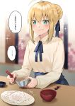  1girl ahoge artoria_pendragon_(all) blonde_hair blouse blue_ribbon blue_skirt bowl chopsticks commentary_request emiya-san_chi_no_kyou_no_gohan fate/stay_night fate_(series) food food_on_face green_eyes hair_bun hair_ribbon highres holding holding_bowl holding_chopsticks itohana long_sleeves plate ribbon rice_bowl saber skirt solo speech_bubble table translation_request upper_body white_blouse 