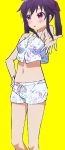  1girl 2018 bikini_shorts blush ebisuzawa_kurumi female gakkou_gurashi! hair_ornament hair_ribbon hand_on_hip legs midriff open_mouth purple_hair raised_eyebrows ribbon short_shorts shorts solo star star_print two_side_up yellow_background 