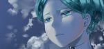  1other androgynous aqua_eyes aqua_hair cloud colored_eyelashes crystal_hair eye_reflection face green_eyes green_hair hanbenp highres houseki_no_kuni night night_sky phosphophyllite reflection sad short_hair sky solo white_skin 