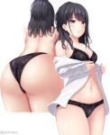  1girl ass azukiman black_bra black_eyes black_hair black_panties blush bra breasts cleavage dress_shirt from_behind highres idolmaster idolmaster_shiny_colors kazano_hiori lace lace-trimmed_panties medium_breasts medium_hair mole mole_under_mouth multiple_views open_mouth panties partially_undressed shirt solo thighs twitter_username underwear white_background white_shirt 