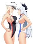  2girls black_swimsuit blonde_hair breast_press breasts commentary_request competition_swimsuit covered_navel cowboy_shot eye_contact fuuma_nagi graf_zeppelin_(kantai_collection) grey_eyes hair_ribbon hands_on_hips hat headgear kantai_collection large_breasts long_hair looking_at_another medium_breasts multiple_girls murakumo_(kantai_collection) one-piece_swimsuit orange_eyes peaked_cap ribbon sidelocks silver_hair swimsuit symmetrical_docking tress_ribbon twintails white_background white_headwear white_swimsuit 