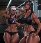 2girls abs absurdres ana_(overwatch) armpits arms_up black_hair black_shorts breasts brown_eyes cameltoe can cleavage commentary_request dark_skin exercise eye_of_horus eyelashes eyepatch facial_tattoo gym hair_tubes hand_on_hip highres hip_bones korean_commentary large_breasts lips medium_breasts midriff mijangsen mole mole_under_eye mother_and_daughter multiple_girls muscle muscular_female navel nike nose old_woman one-eyed overwatch pharah_(overwatch) short_shorts shorts silver_hair soda_can sports_bra standing sweat tattoo thick_thighs thigh_gap thighs towel towel_on_head 