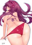  1girl alternate_costume ass bent_over bikini blush breasts fate/grand_order fate_(series) flower hair_flower hair_ornament hibiscus highres large_breasts light_smile looking_back nanako_(1475647493) one_eye_closed purple_bikini purple_hair red_eyes scathach_(fate)_(all) scathach_(swimsuit_assassin)_(fate) signature simple_background solo swimsuit swimsuit_pull white_background 