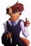  2016 4_fingers alpha_channel anthro b._wolf belt black_sclera blue_eyes brown_hair canid canine canis clock clothed clothing digital_drawing_(artwork) digital_media_(artwork) eyebrows faustisse fur hair holding_object male mammal necktie pawpads pipe purple_pawpads raised_eyebrow simple_background slit_pupils smoking solo tan_fur transparent_background vest watch wolf 