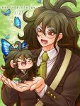  1boy :d blue_butterfly brown_jacket collared_shirt danganronpa doll floating_hair glasses gokuhara_gonta green_hair green_neckwear hair_between_eyes holding holding_doll jacket long_hair long_sleeves male_focus necktie new_danganronpa_v3 open_mouth red_eyes rimless_eyewear round_eyewear school_uniform shirt smile solo very_long_hair white_shirt wing_collar yumaru_(marumarumaru) 