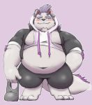  2019 anthro behemoth_(housamo) belly blush clothing cute_fangs humanoid_hands jumperbear male monster moobs navel overweight overweight_male pants shirt simple_background solo tokyo_afterschool_summoners topwear video_games 