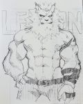  2019 abs absurd_res anthro ashendawger belt biceps clothed clothing digimon digimon_(species) fangs hand_on_hip hi_res leomon male muscular muscular_male nipples pants portrait pubes sketch solo standing three-quarter_portrait topless v-cut 