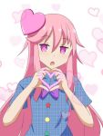  1girl bangs blue_shirt blush bow bowtie cato_(monocatienus) circle commentary_request eyebrows_visible_through_hair hair_between_eyes hair_ornament hata_no_kokoro heart heart_hair_ornament heart_hands long_hair looking_at_viewer open_mouth pink_eyes pink_hair plaid plaid_shirt purple_bow purple_neckwear shirt short_sleeves sidelocks simple_background solo star touhou triangle unmoving_pattern upper_body very_long_hair white_background 